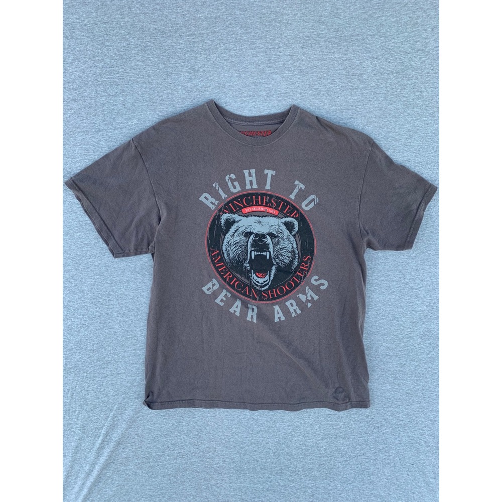 Winchester Right to Bear Arms Graphic T-Shirt Mens XL Brown Faded Grizzly Bear